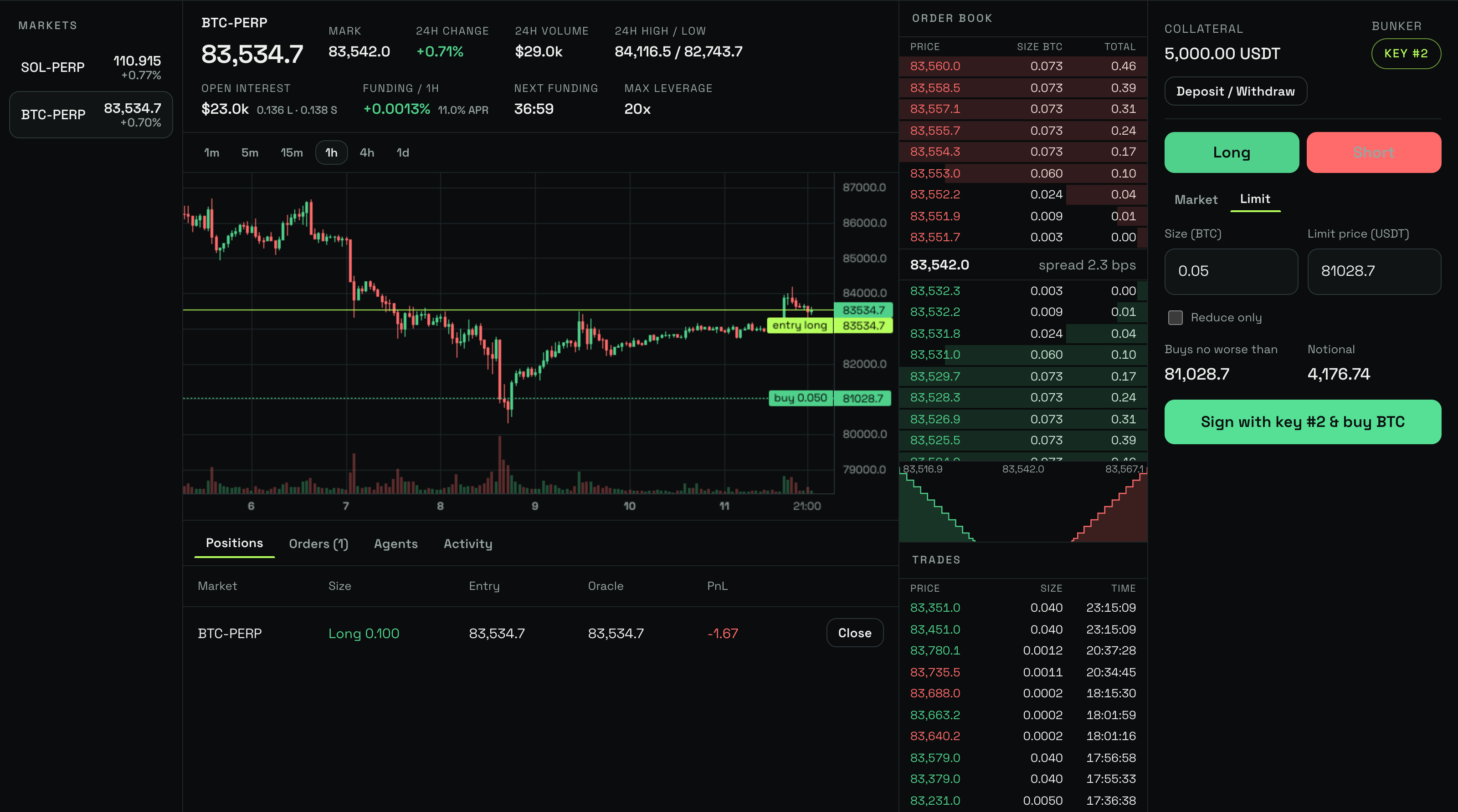 The HashLiquid terminal: markets on the left, the BTC-PERP chart with a long position and a resting bid, the order form on the right.